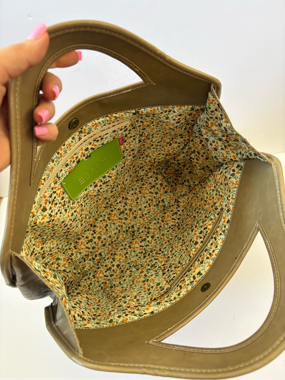 Vintage Y2K Esprit Tote Bag Purse Olive Green Floral Aplique Lagenlook Hippie - Picture 6 of 11